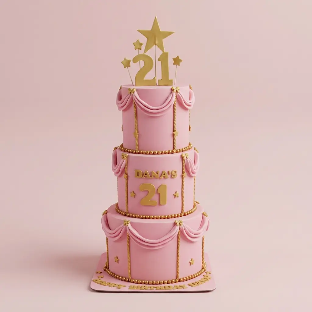كيكة عيد ميلاد رقم 21 بتصميم فاخر وردي وذهبي