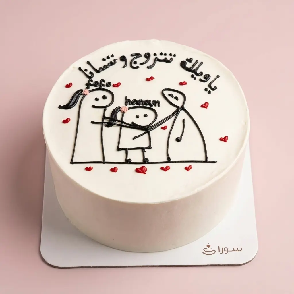 كيكة عائلية مع رسمة عائلة كرتونية وعبارة ترحيب