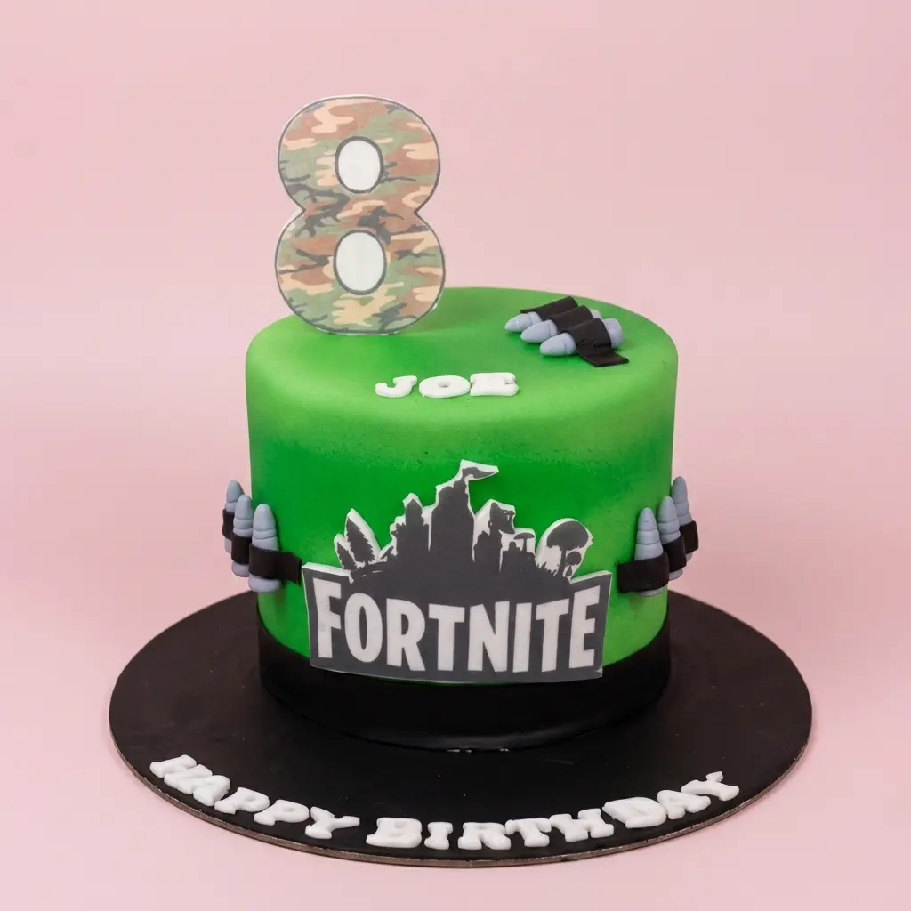 كيكة فورتنايت خضراء مع زخارف عسكرية