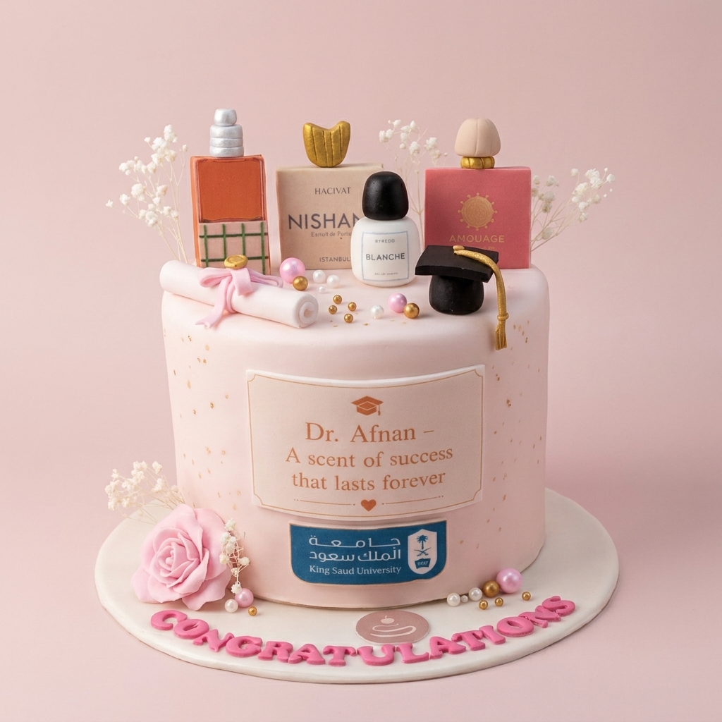 Graduation Cake with Perfume Bottles and University Theme