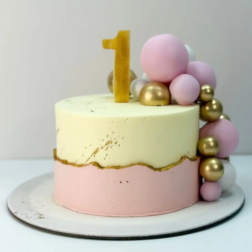 Pink and Gold Balloons First Birthday Cake