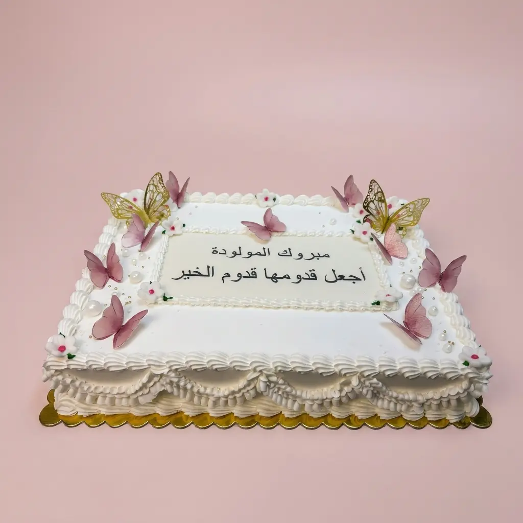 كيكة مواليد مستطيلة بتزيين فراشات وردية وذهبية