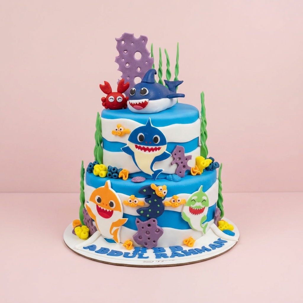 Two Tier Baby Shark Themed Kids Cake